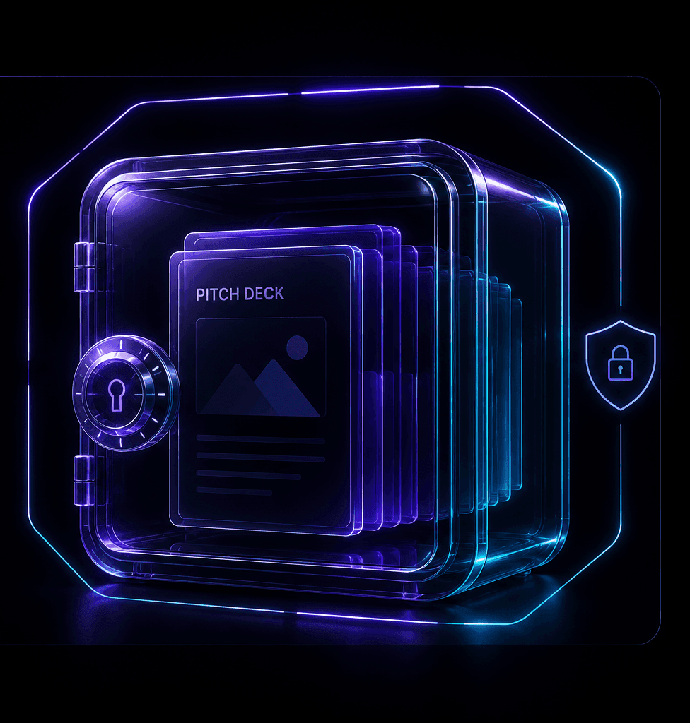 A translucent vault holding a stack of pitch decks behind a combination lock