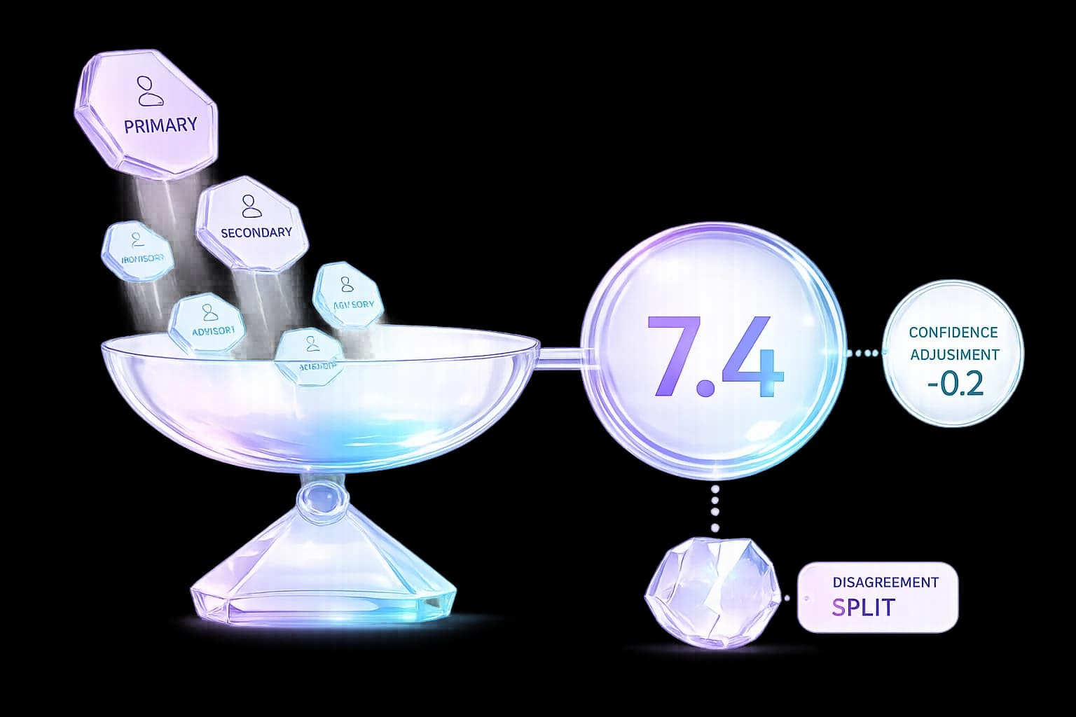 Judges, weighted by their routing role, combine into one confidence-adjusted AI Criterion Score; disagreement is shown separately