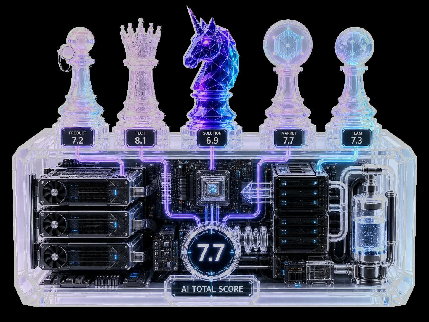 A glass aggregation machine combining judge scores into a single AI Total Score of 7.7