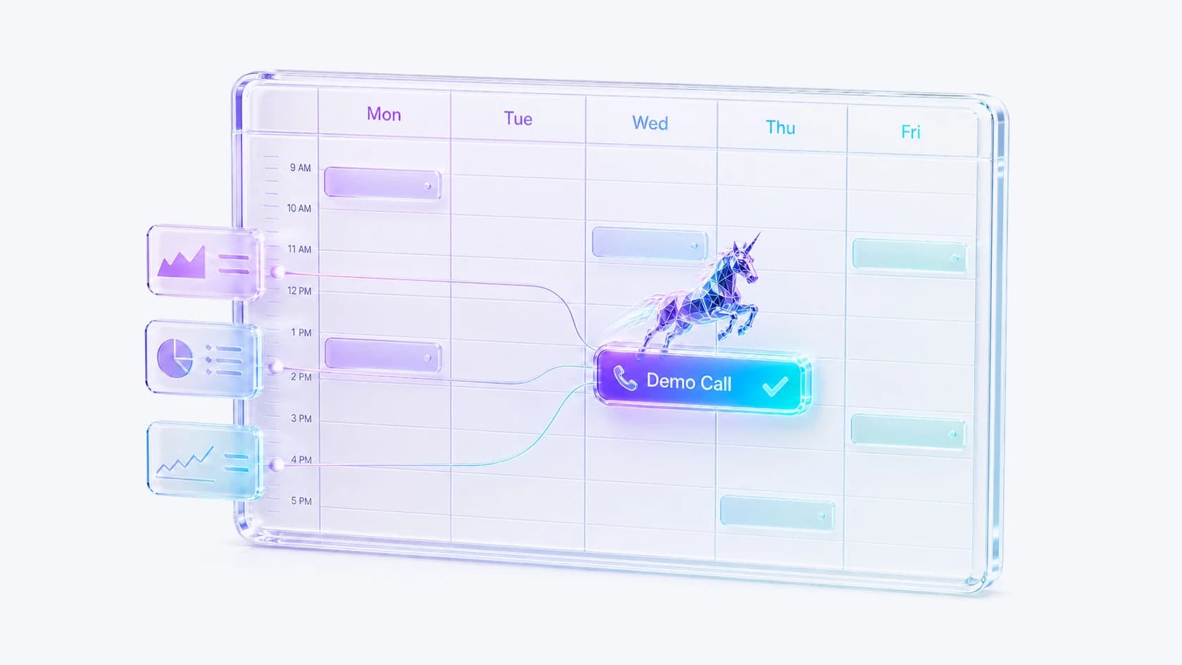 A booked Demo Call on a glass weekly calendar — EvalLens converging signals into one slot