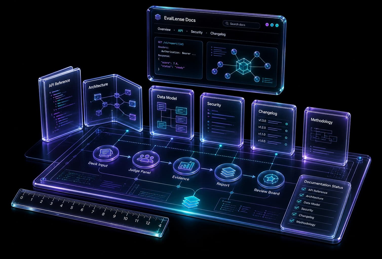EvalLens documentation guide — API reference, architecture, data model, security, changelog and the evaluation flow on a glass blueprint
