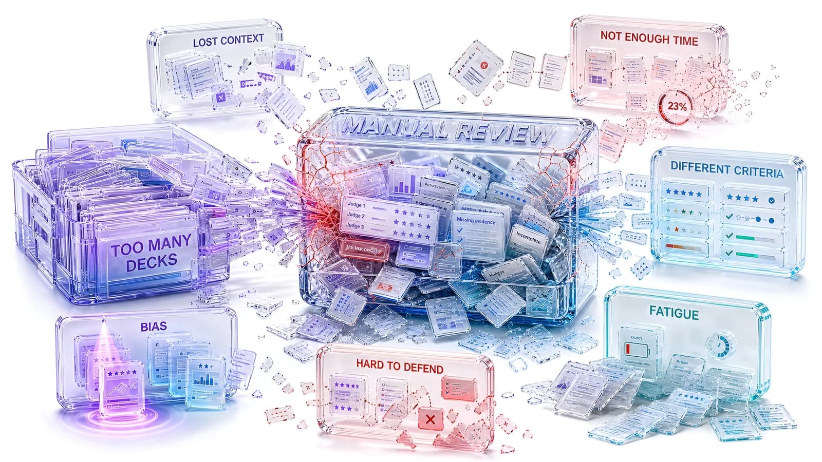 A glass ‘manual review’ box breaking apart into problem blocks — too many decks, lost context, not enough time, different criteria, bias, fatigue, and hard to defend