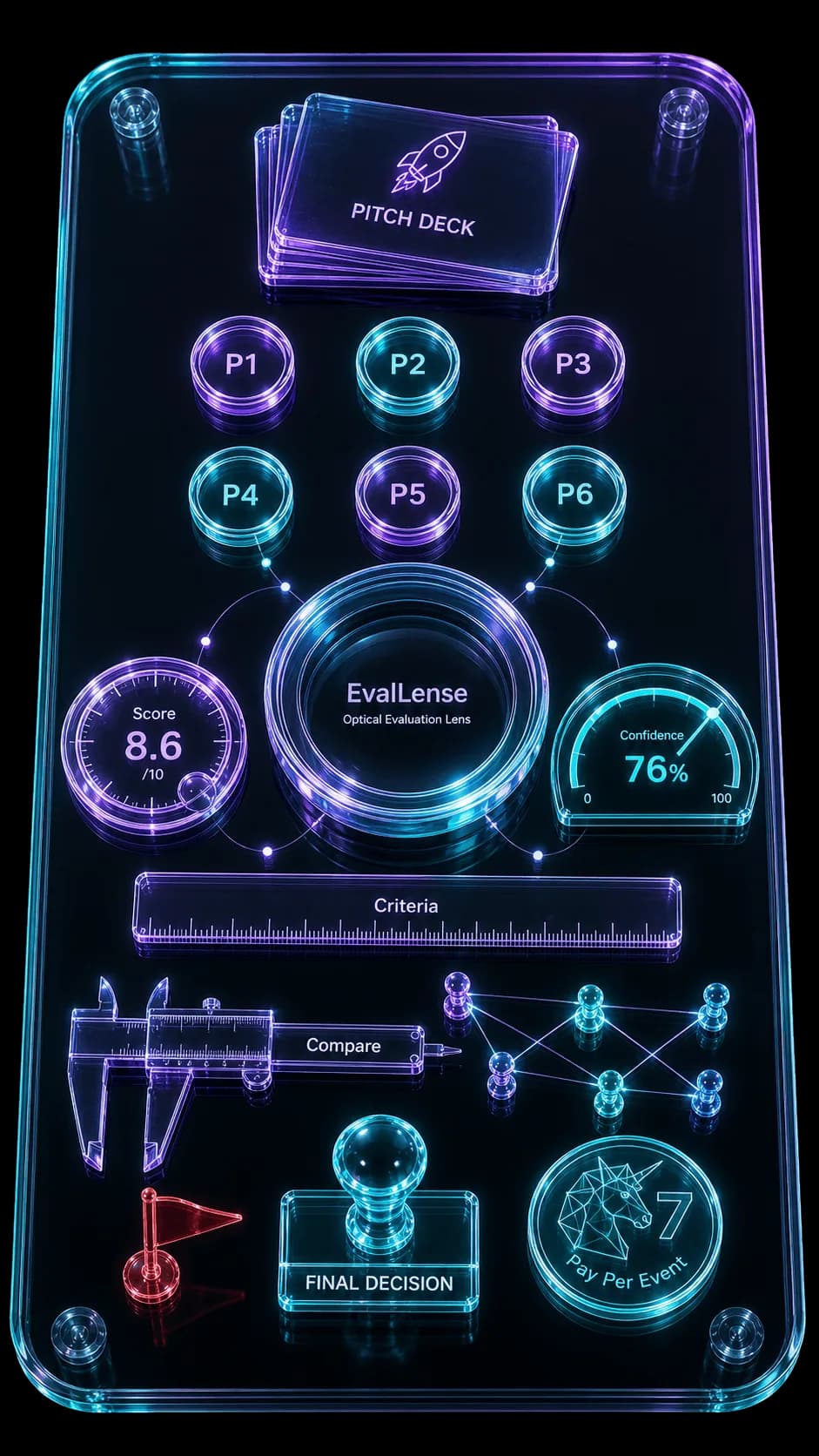 Glass table laid out with startup-evaluation tools: pitch-deck cards, six judge lenses (P1–P6), the EvalLens scoring lens, score and confidence dials, a criteria ruler, a compare caliper, evidence pins, a red-flag marker, a final-decision stamp, and a pay-per-event token