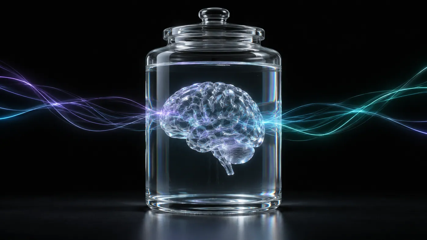 A glass brain floating in a laboratory jar, with threads of light running from it to the edges of the frame