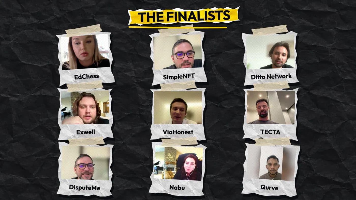 The nine finalists of Pitch Gauntlet: Madrid Edition: EdChess, SimpleNFT, Ditto Network, Exwell, ViaHonest, TECTA, DisputeMe, Nabu and Qurve