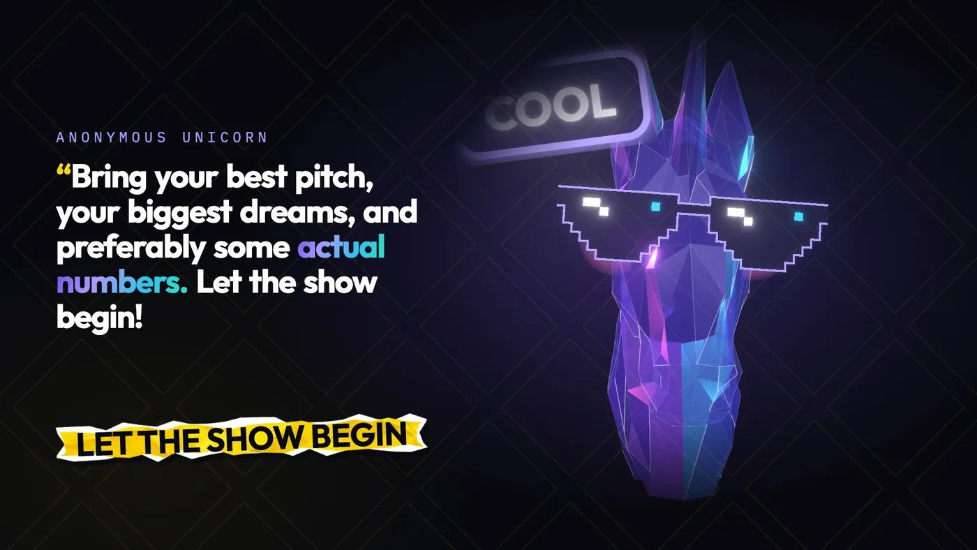 The Anonymous Unicorn, a crystal 3D unicorn in pixel sunglasses, opening Pitch Gauntlet: Madrid Edition with "Bring your best pitch, your biggest dreams, and preferably some actual numbers"