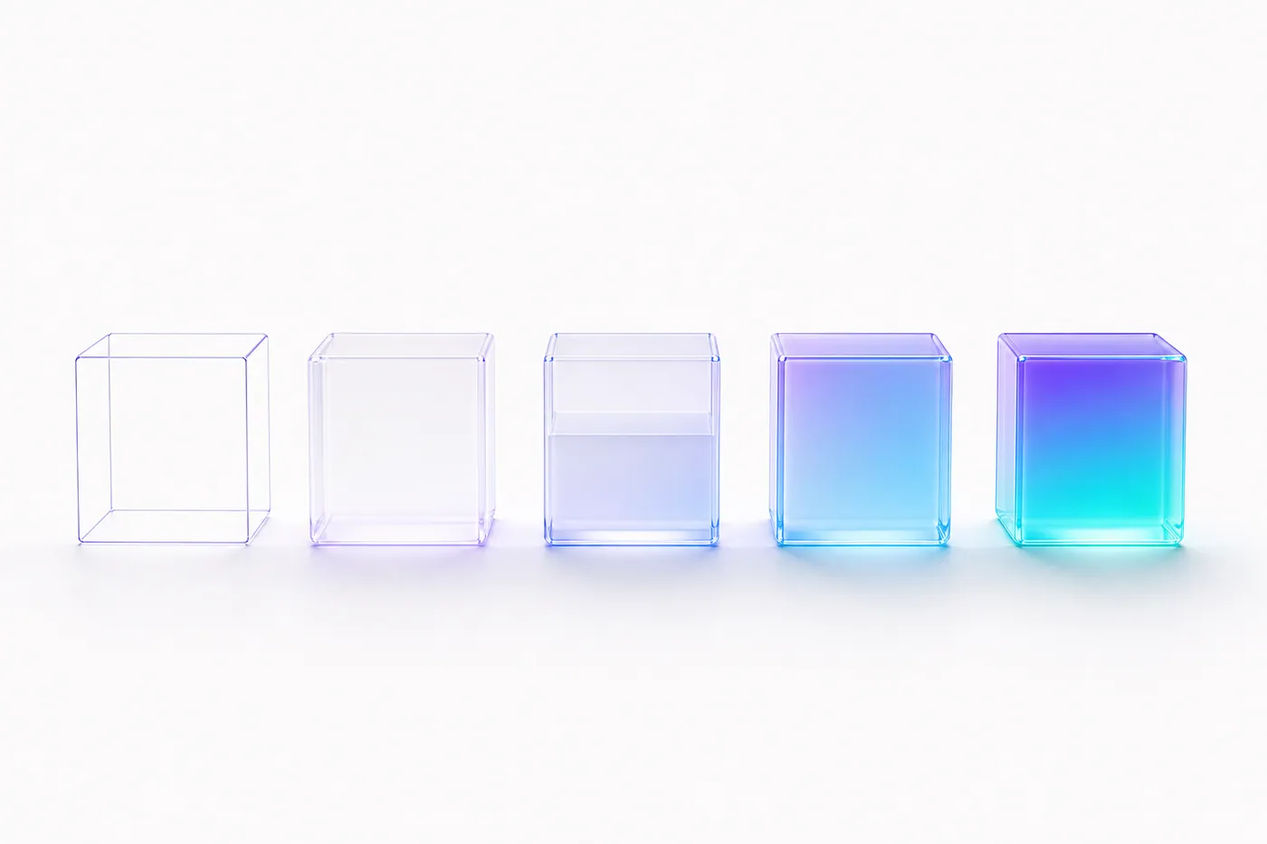 Five glass cubes progressing from an empty wireframe to a fully lit cube, showing a claim turning from assertion into checkable evidence