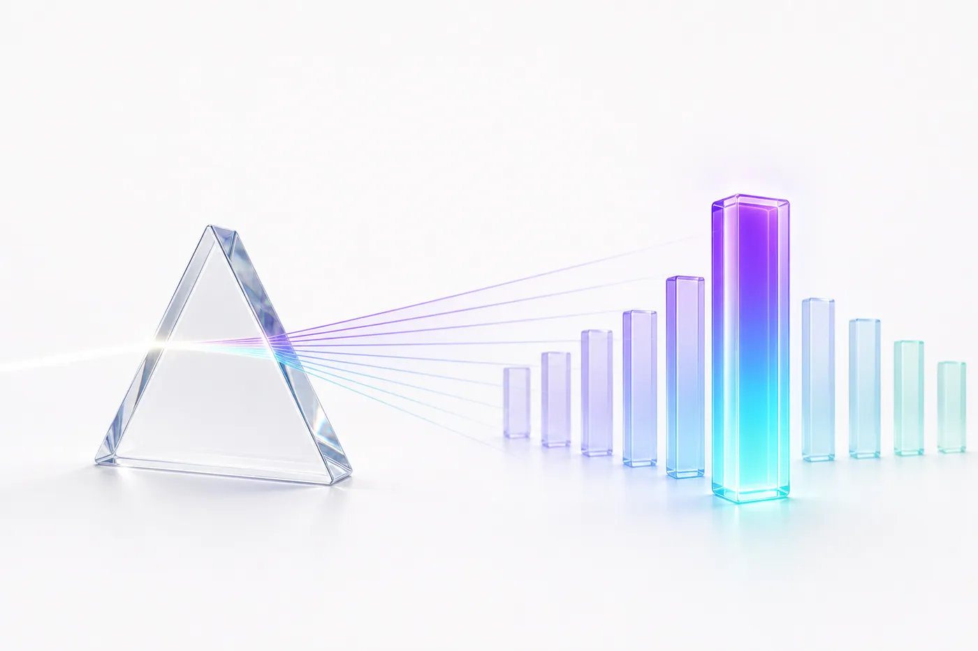 A glass prism splitting light into bars of different heights, one highlighted, showing analysis surfacing options before a person decides