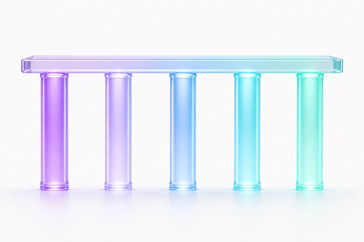 Five glass pillars supporting one glass beam, representing the five load bearing elements that hold up a pitch competition entry