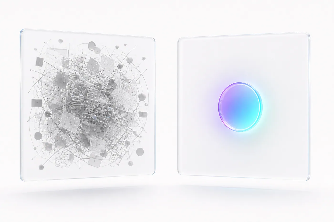 Side by side panels: a cluttered jumble of shapes next to one clear glowing circle, contrasting a dense slide with a sparse one
