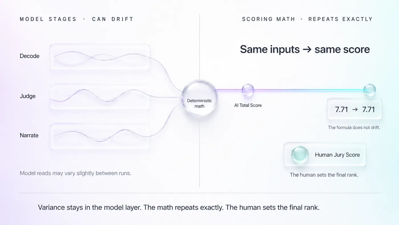 Diagram contrasting model stages like decoding and judging, which can drift slightly, with the scoring math, which repeats 7.71 to 7.71 exactly